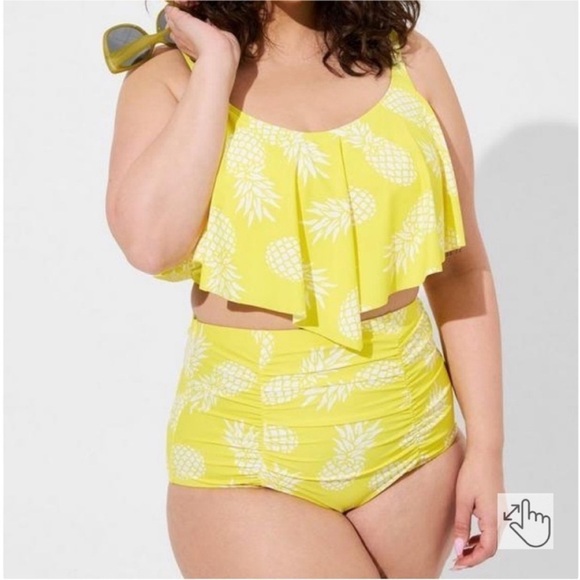 NWT Torrid High Rise Ruched Swim Bottom Graphic Pineapple Yellow - Picture 2 of 6